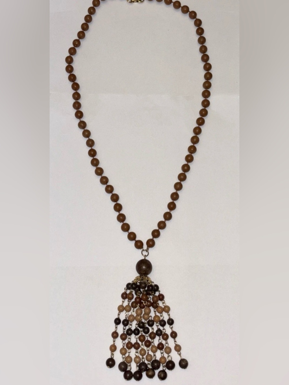 Vintage Boho Style Wooden Beads Tassel Pendent Necklace Gold Tone Hong Kong 24”
